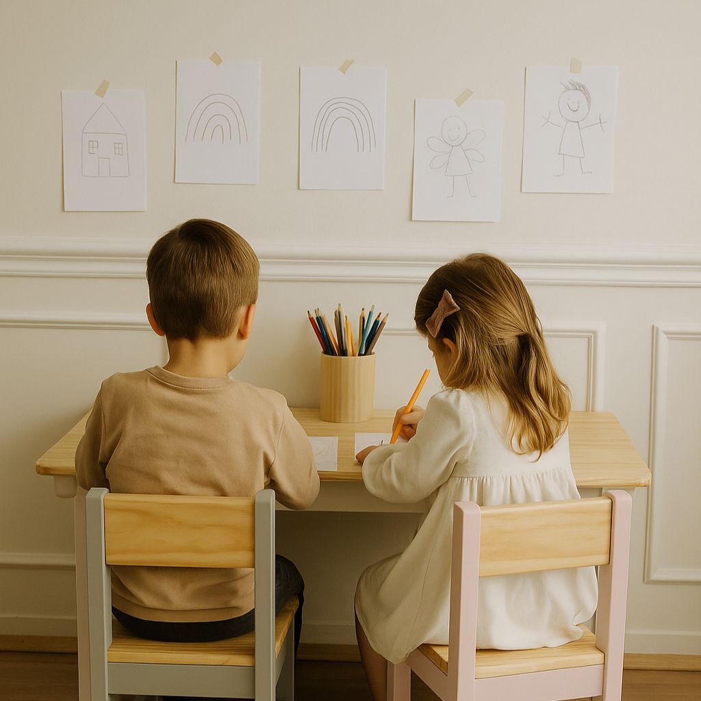 niños pintando y dibujando en una mesa de madera infantil y sus dos sillas