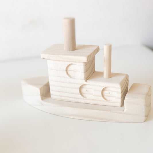juguete y decoración de madera para decoración pieza infantil. Bote de madera artesanal. 